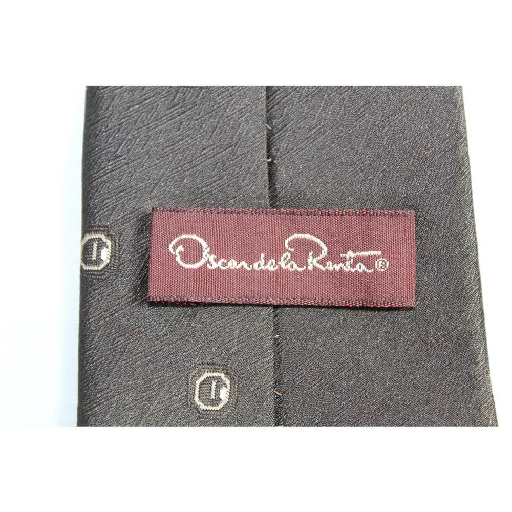 Oscar de la Renta men's tie brown career office script logo Vintage 90s